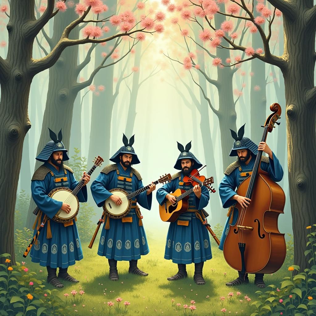 Samurai Bluegrass Musicians in Japanese Forest