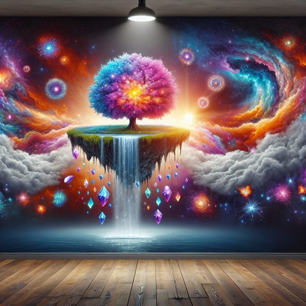 Surreal Floating Island Mural in Cosmic Sky