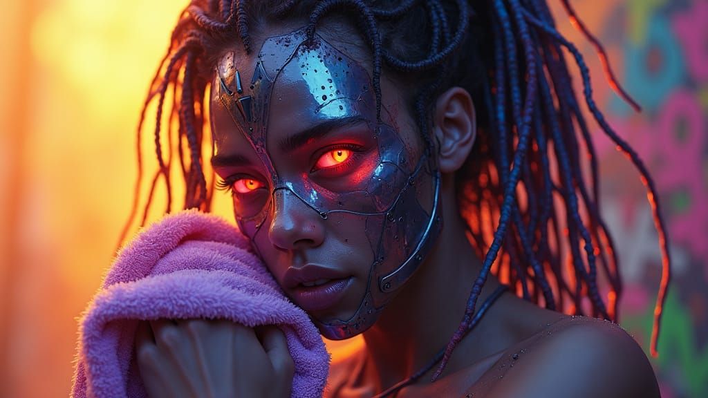 Sad Cyborg Girl with Rainbow Hair in Digital Art