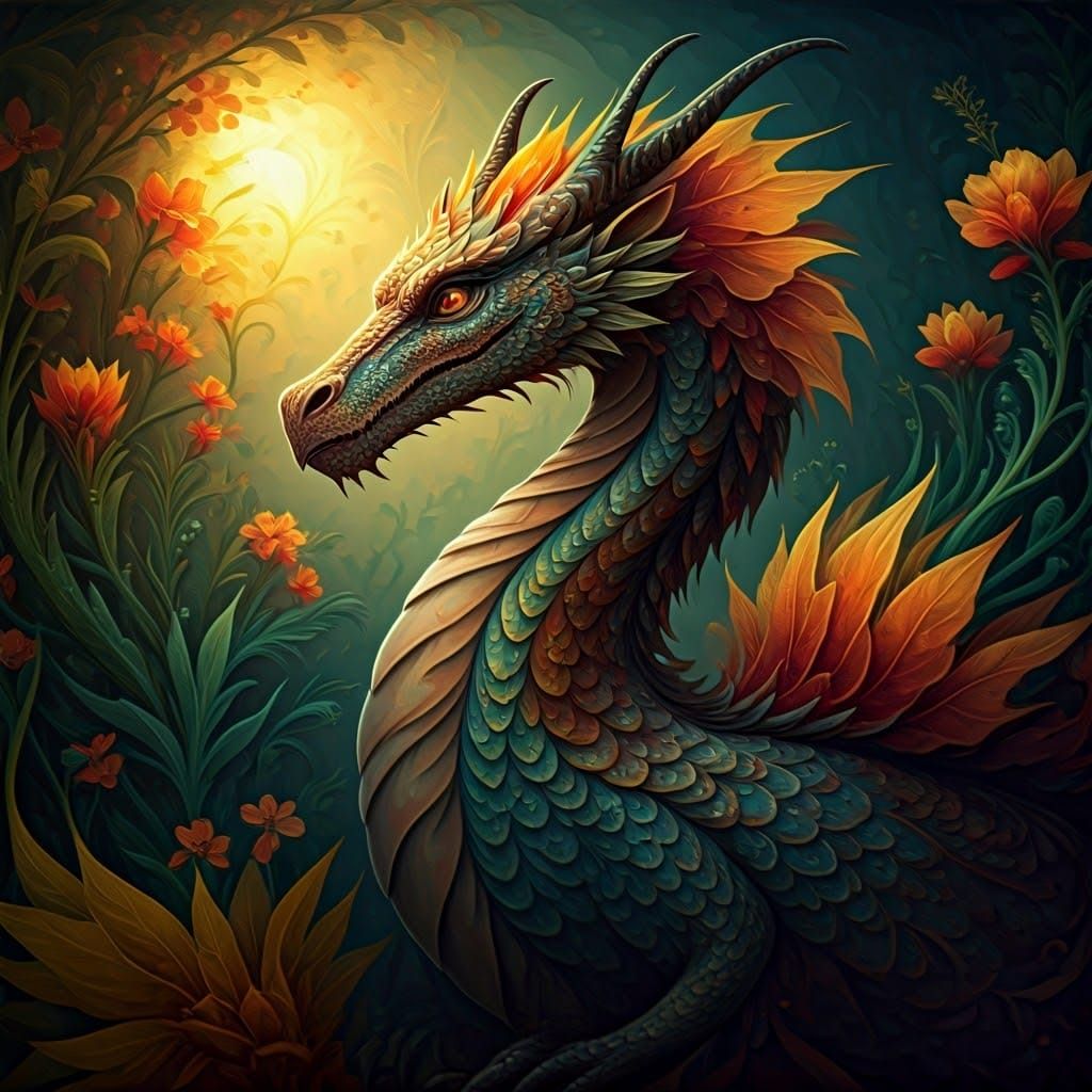 Floral Dragon, Wilderness, SATURATED COLORS, Oil Painting VI...
