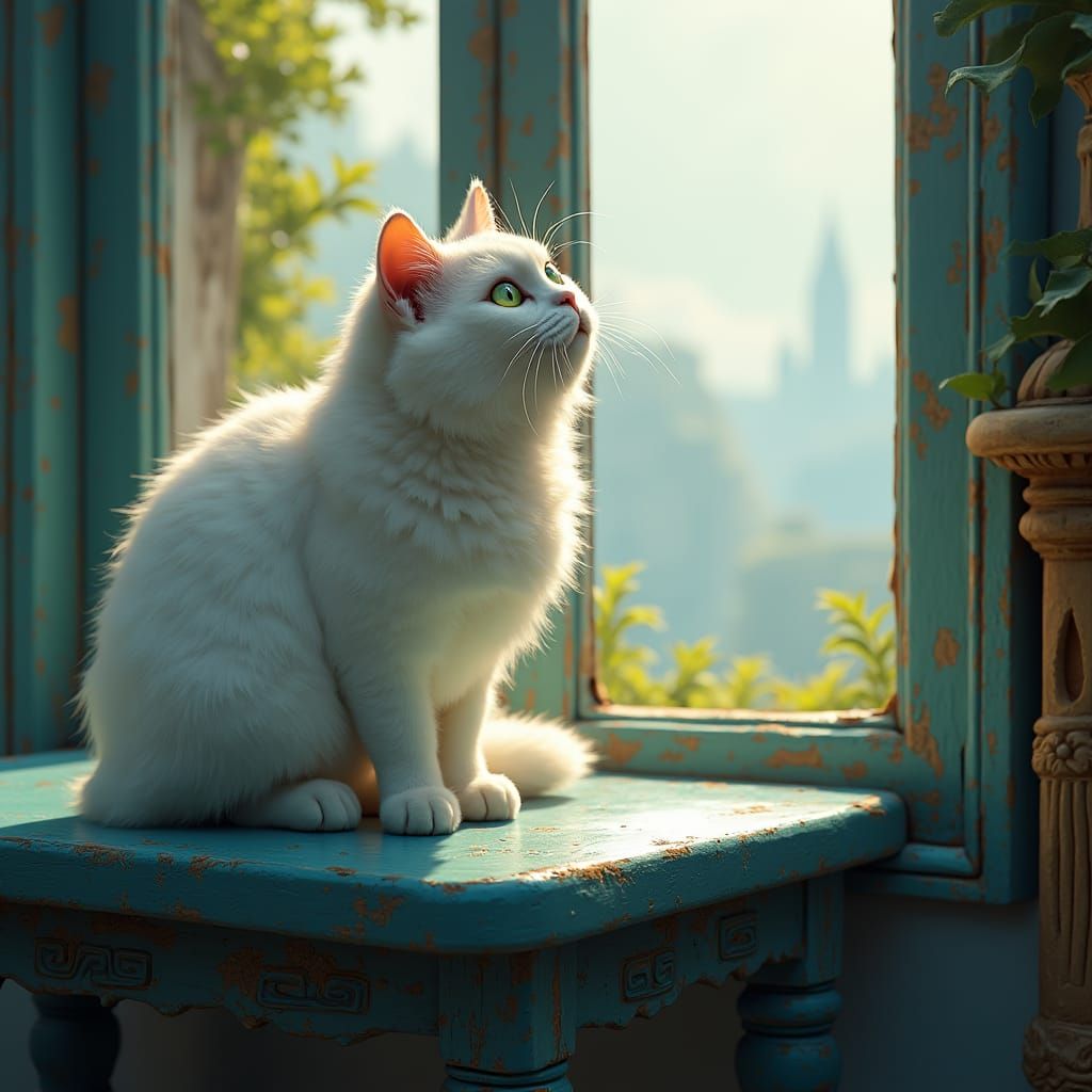 Regal Cat Gazing at Dreamlike Landscape