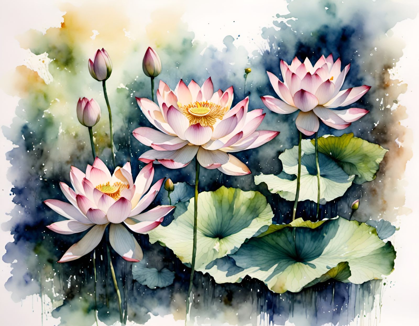 Lotus Flowers in Muted Chinese Ink Painting