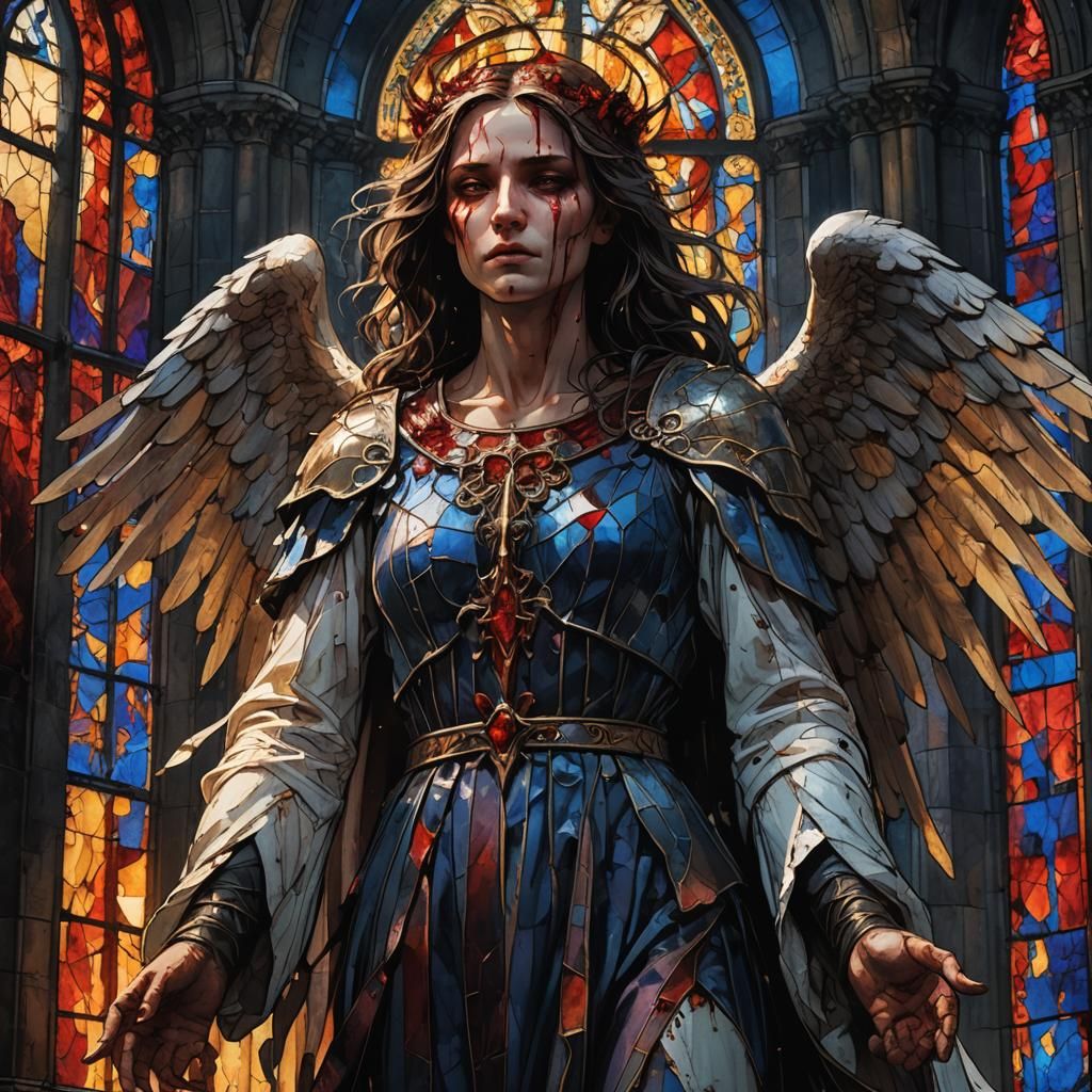 Bloody Angel in Ruined Cathedral: Dark Fantasy Art