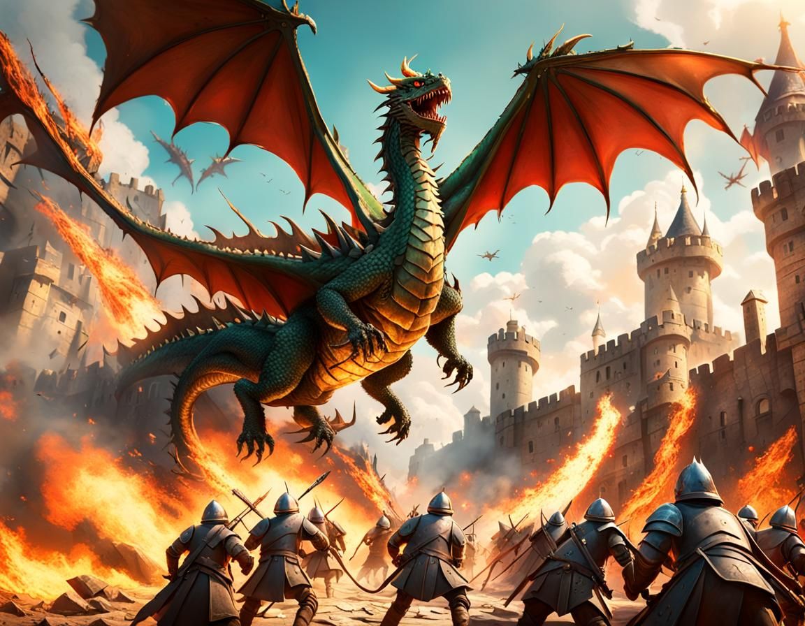 Evil Dragon Breathing Fire on Medieval Army as 3D Digital Ar...