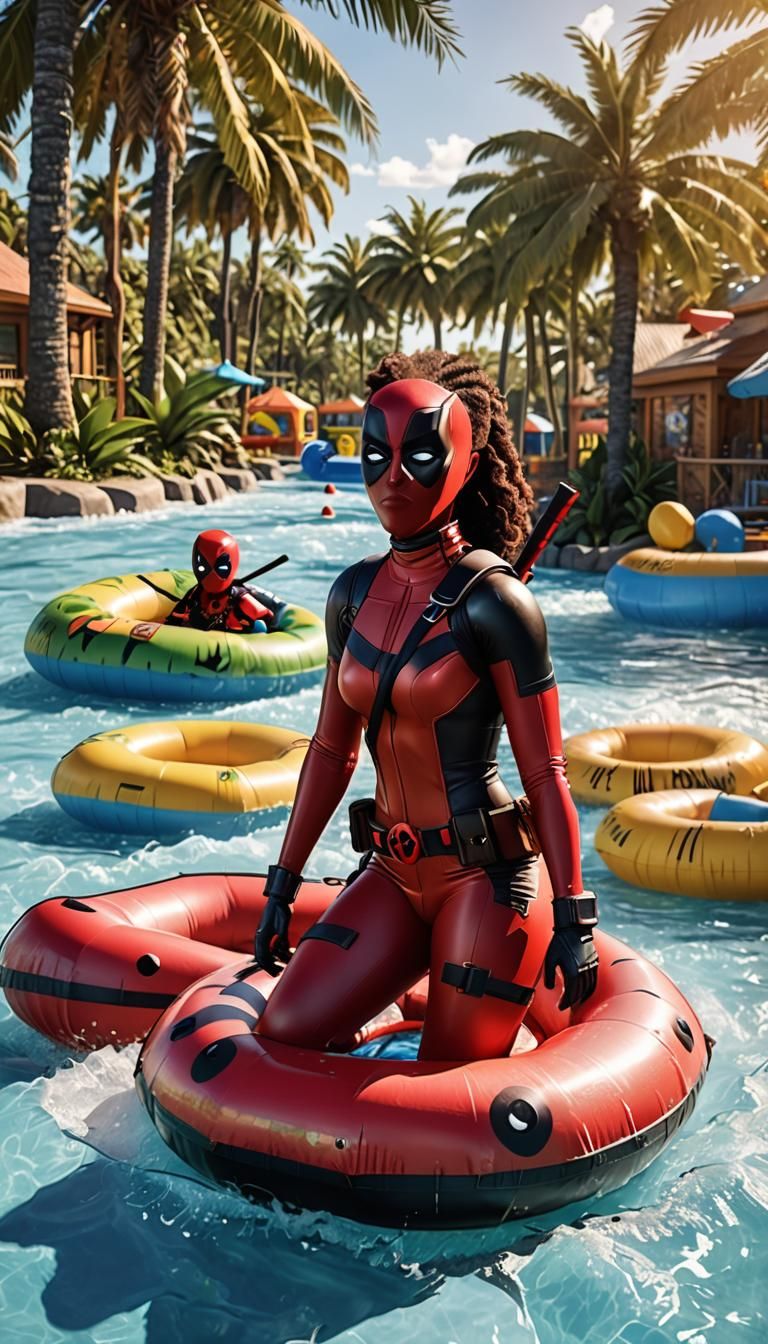 A beautiful Ebony African girl as Deadpool wearing a Deadpoo...