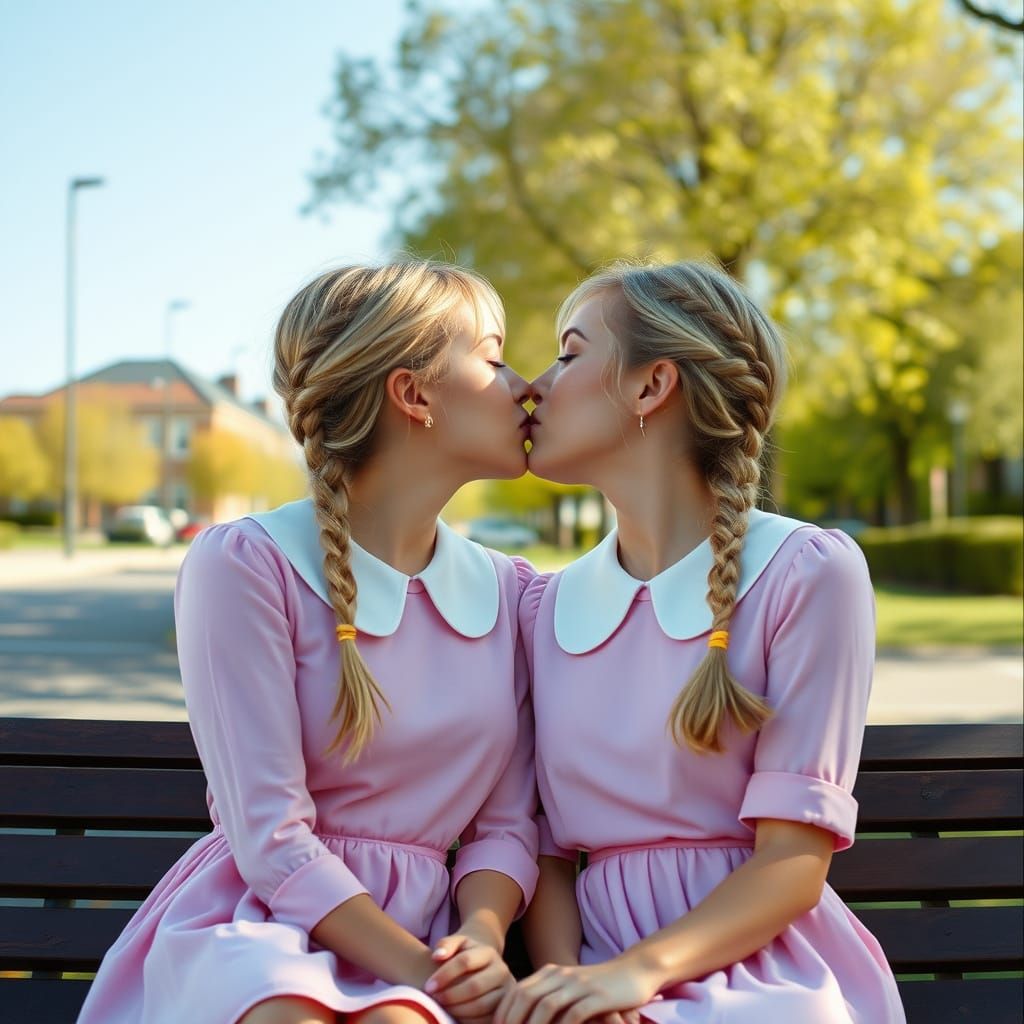 Women Share a Kiss in Sun-Drenched Schoolyard