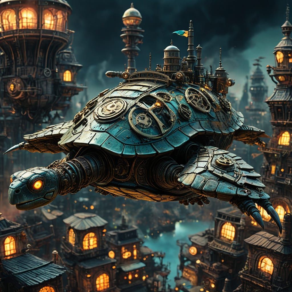 Steampunk City on Turtle in Detailed Fantasy Art