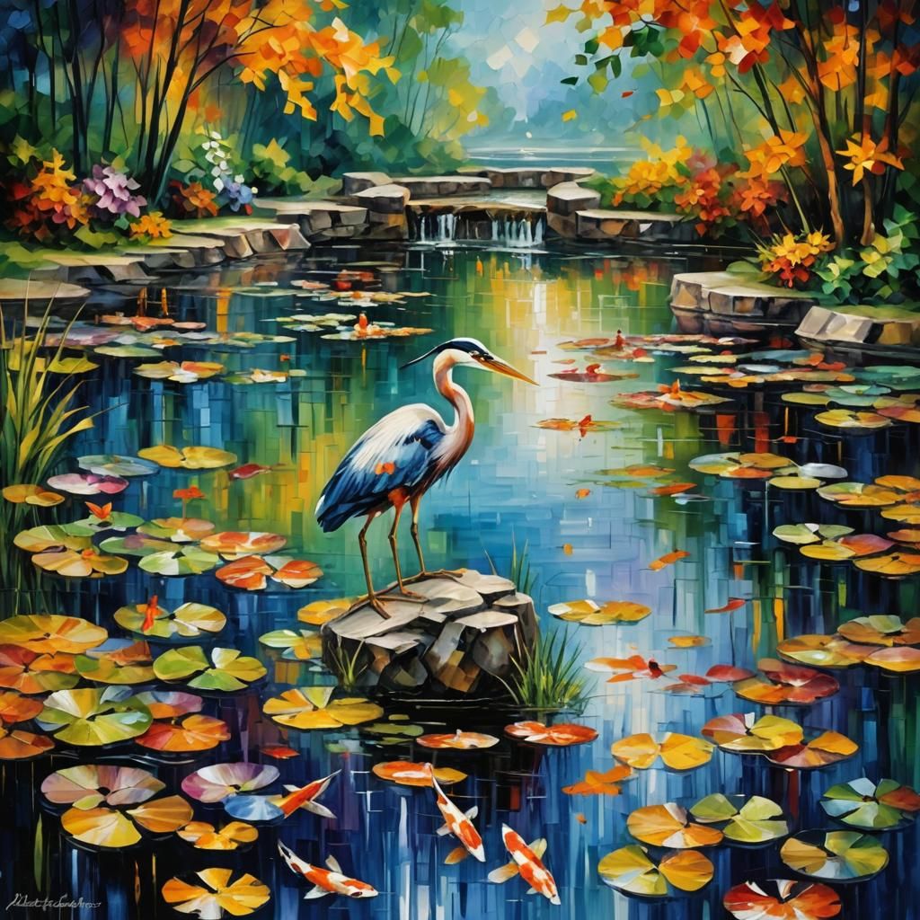 Heron and Koi Pond Impressionist Painting