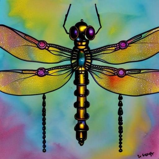 Art Nouveau Robot Dragonfly in Alcohol Ink