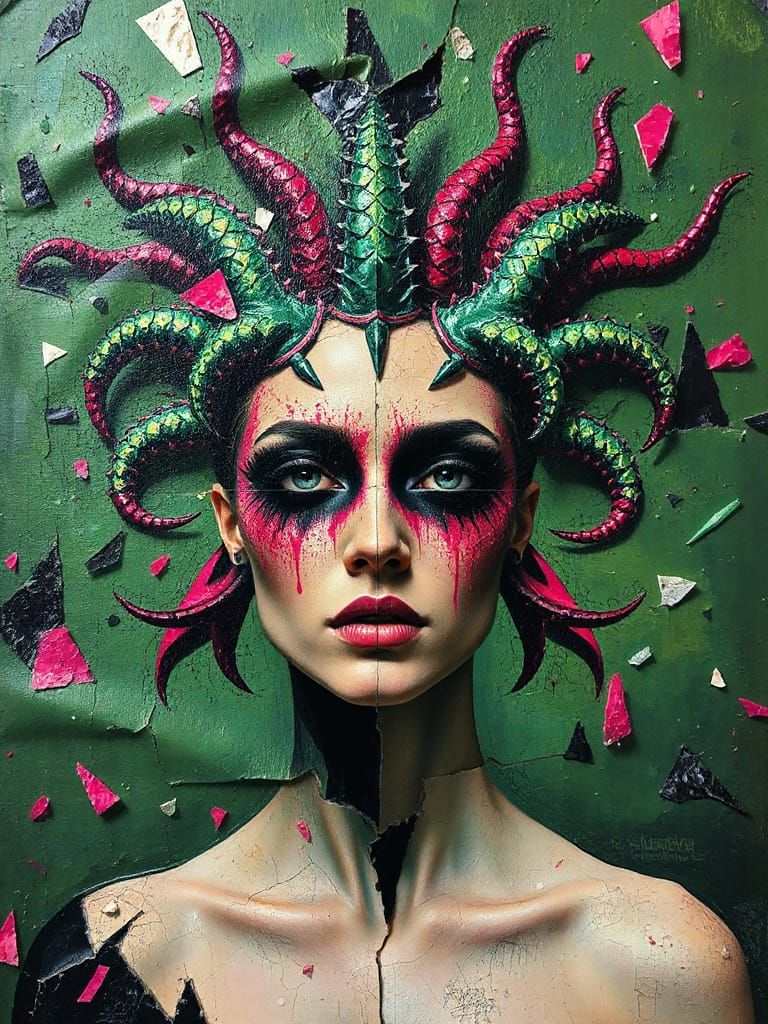 Gothic Impasto Art: Medusa's Shattered Reflection