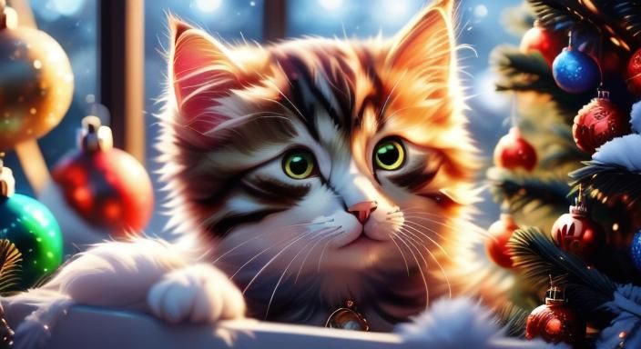 Warm Christmas Magic with Fluffy Maincoon Kitten