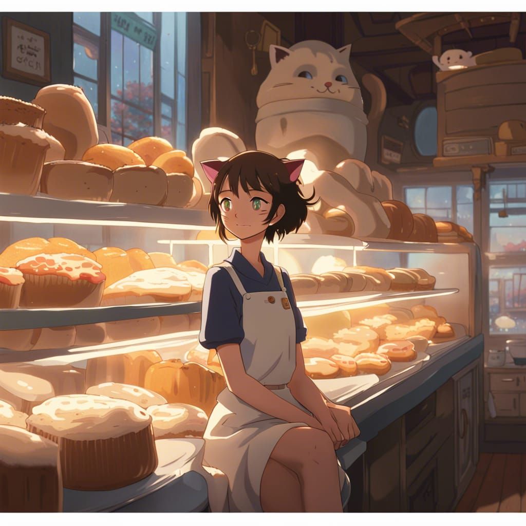 Cat Girl in Cat Bakery, Studio Ghibli Style