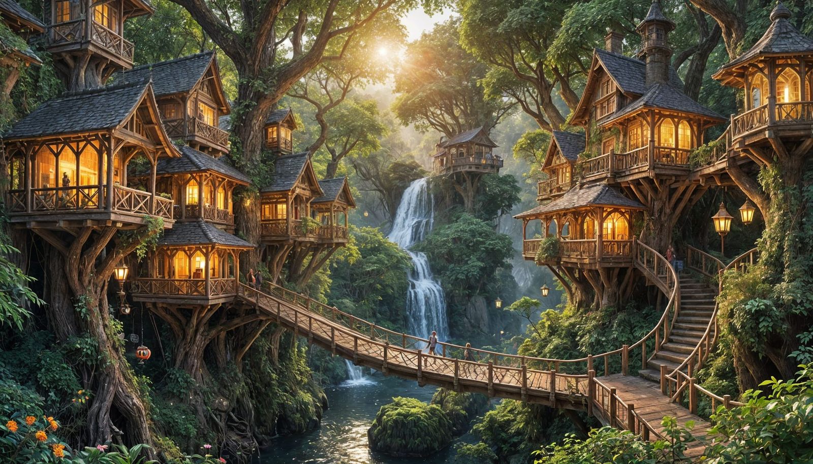 Fantasy Village of Treehouses in Ancient Forest