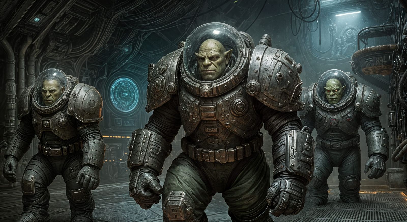 Imposing Green Orcs in Space Suits Work on Futuristic Space...