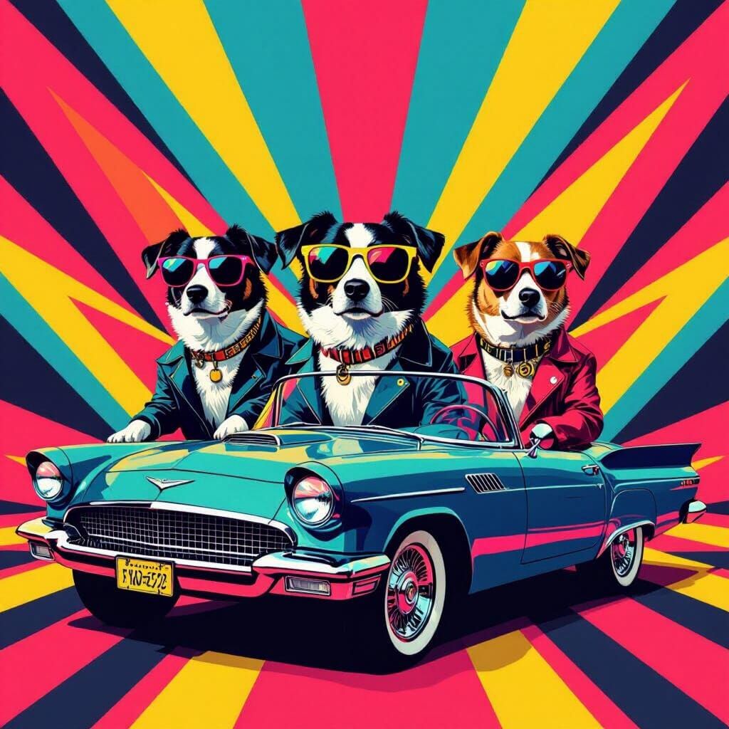 Dogs Drive Car in Pop Art Style