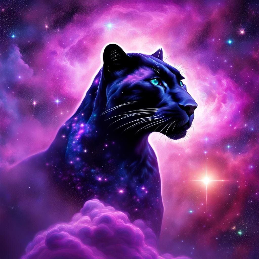 Cosmic Panther in Sparkling Nebula, Astral Illustration