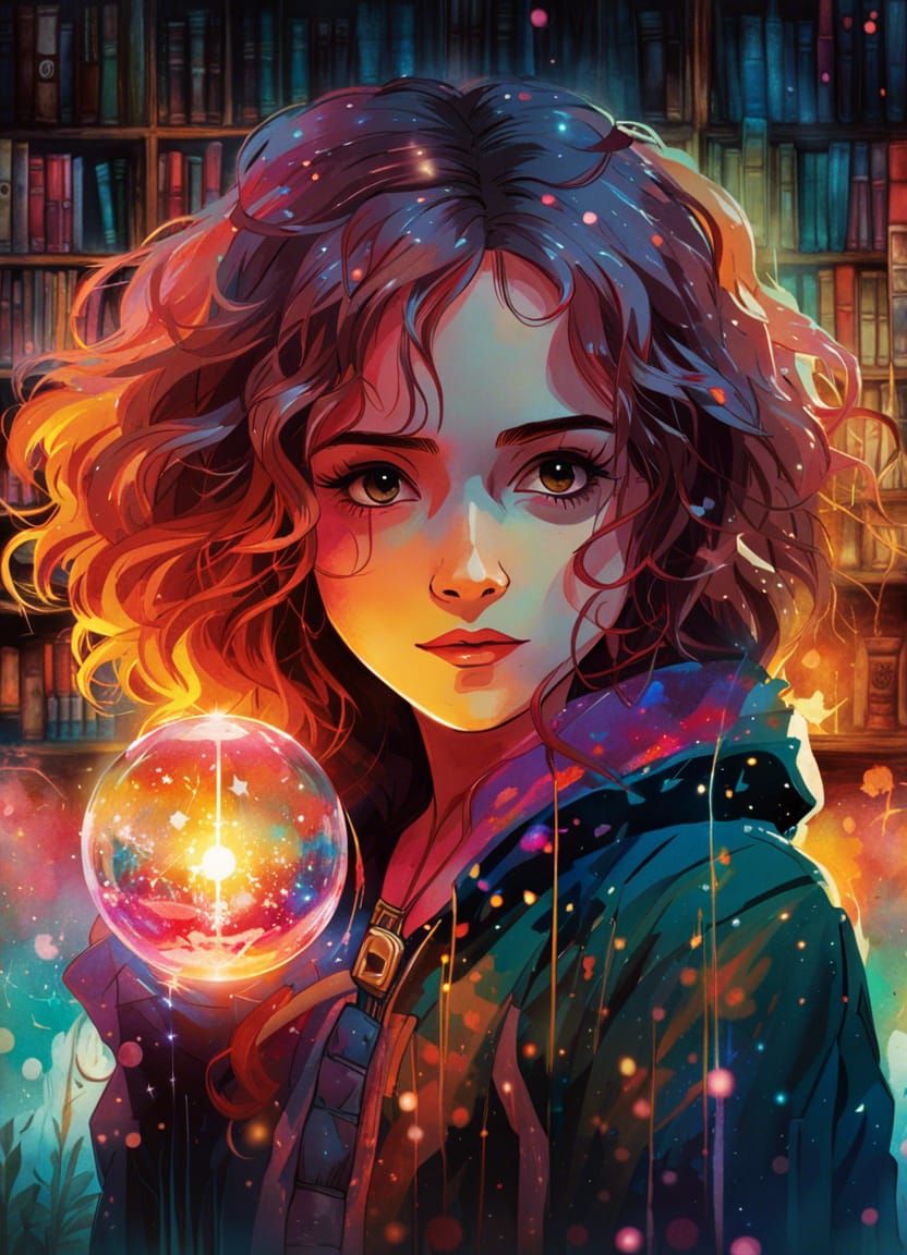 Anime Hermione Granger in Magic Library, Watercolor Style