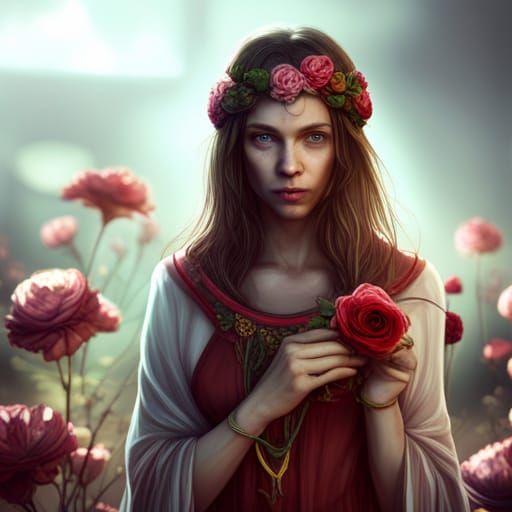 Heartbroken Woman in Floral Clothes: Fantasy Art