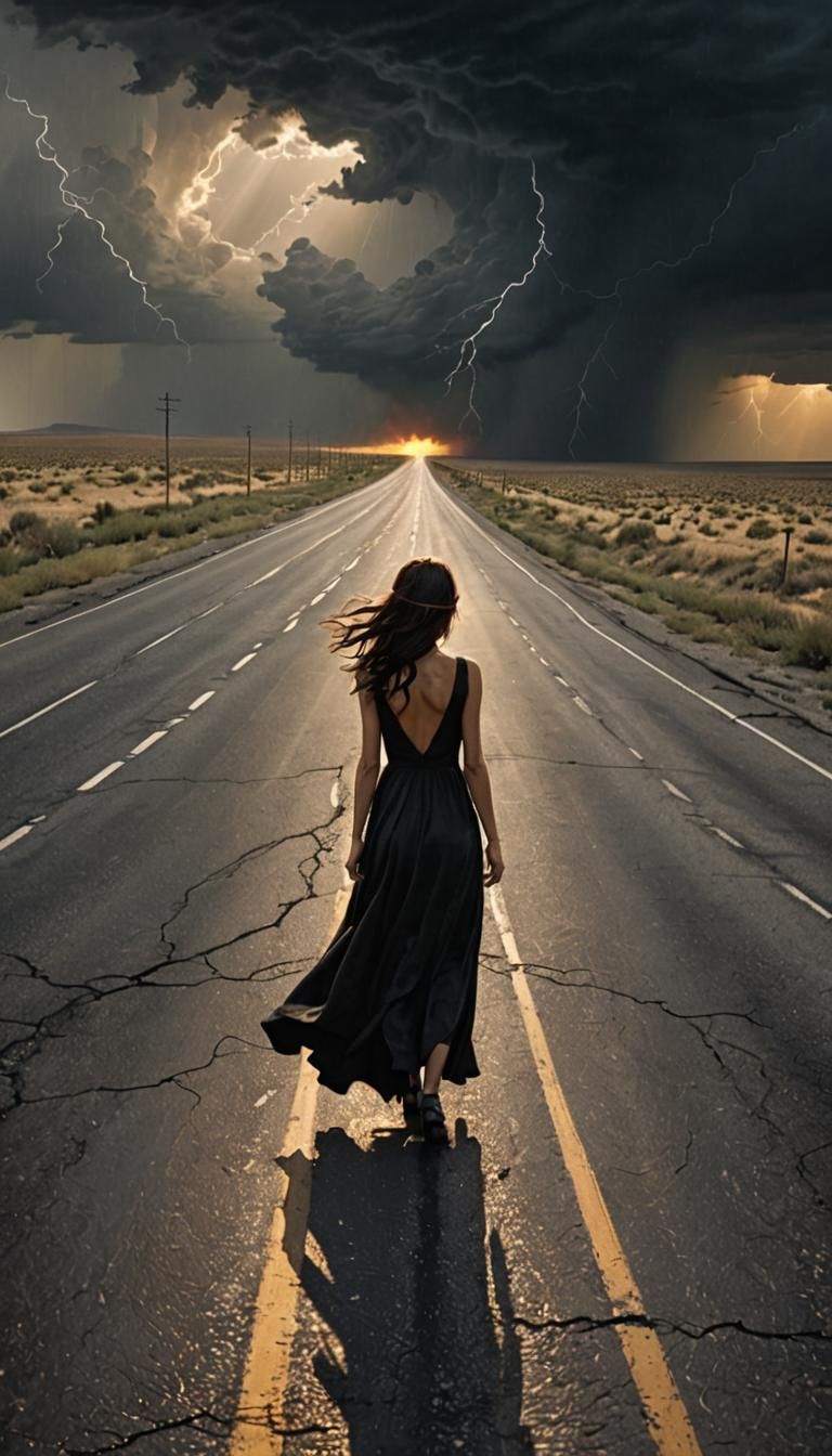 Woman on Desert Highway in Dramatic Sunlight