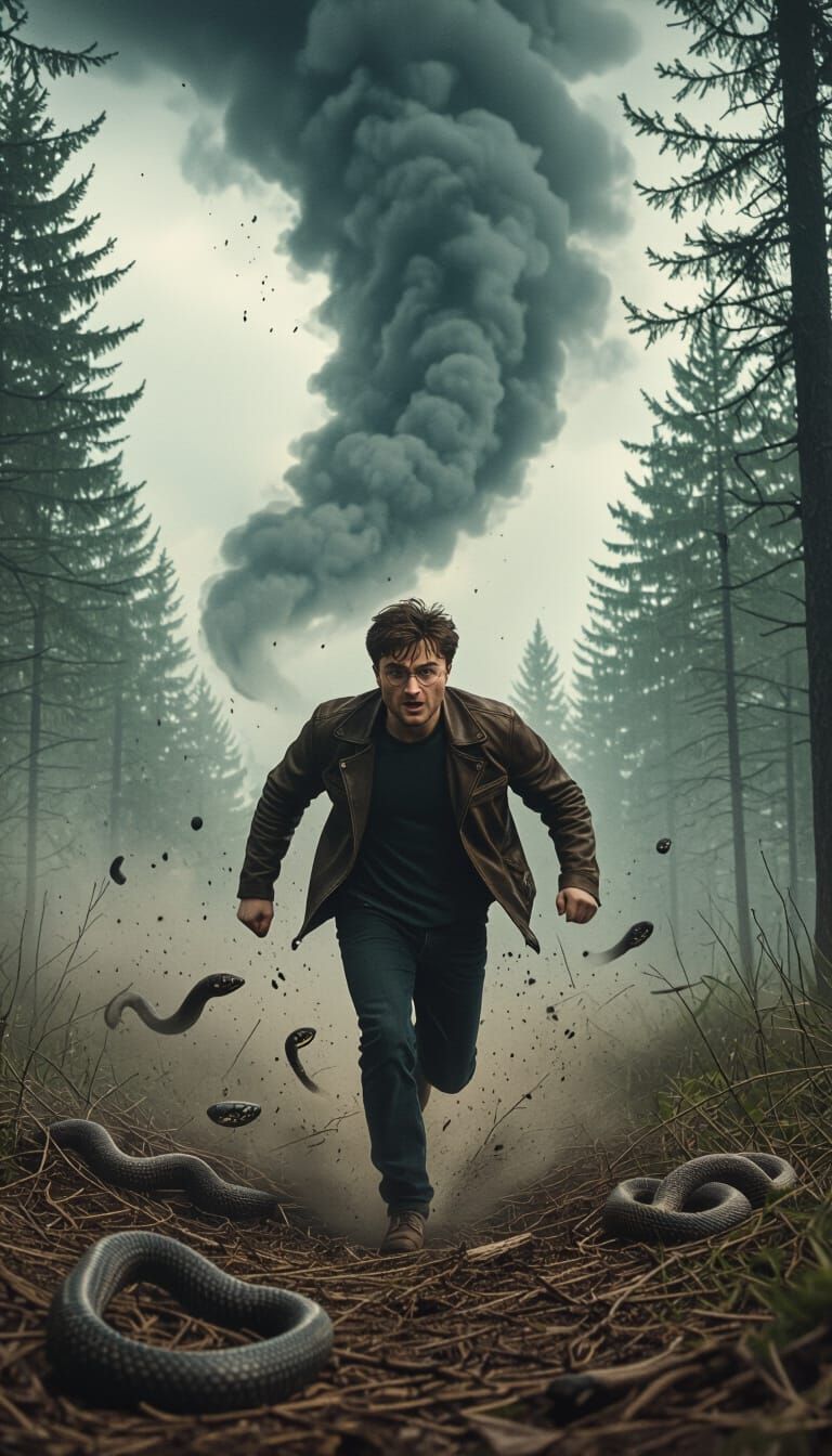 Man Runs From Tornado in Forest, Gritty Film Still