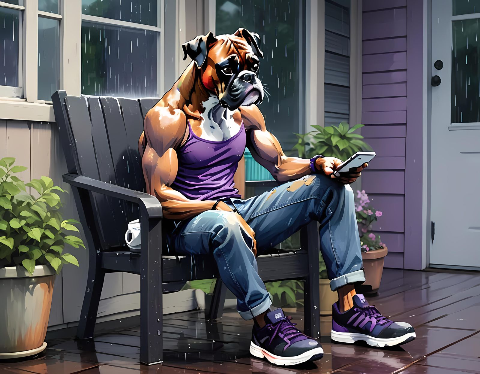 Boxer Hound Relaxing in Rainy Anime Scene