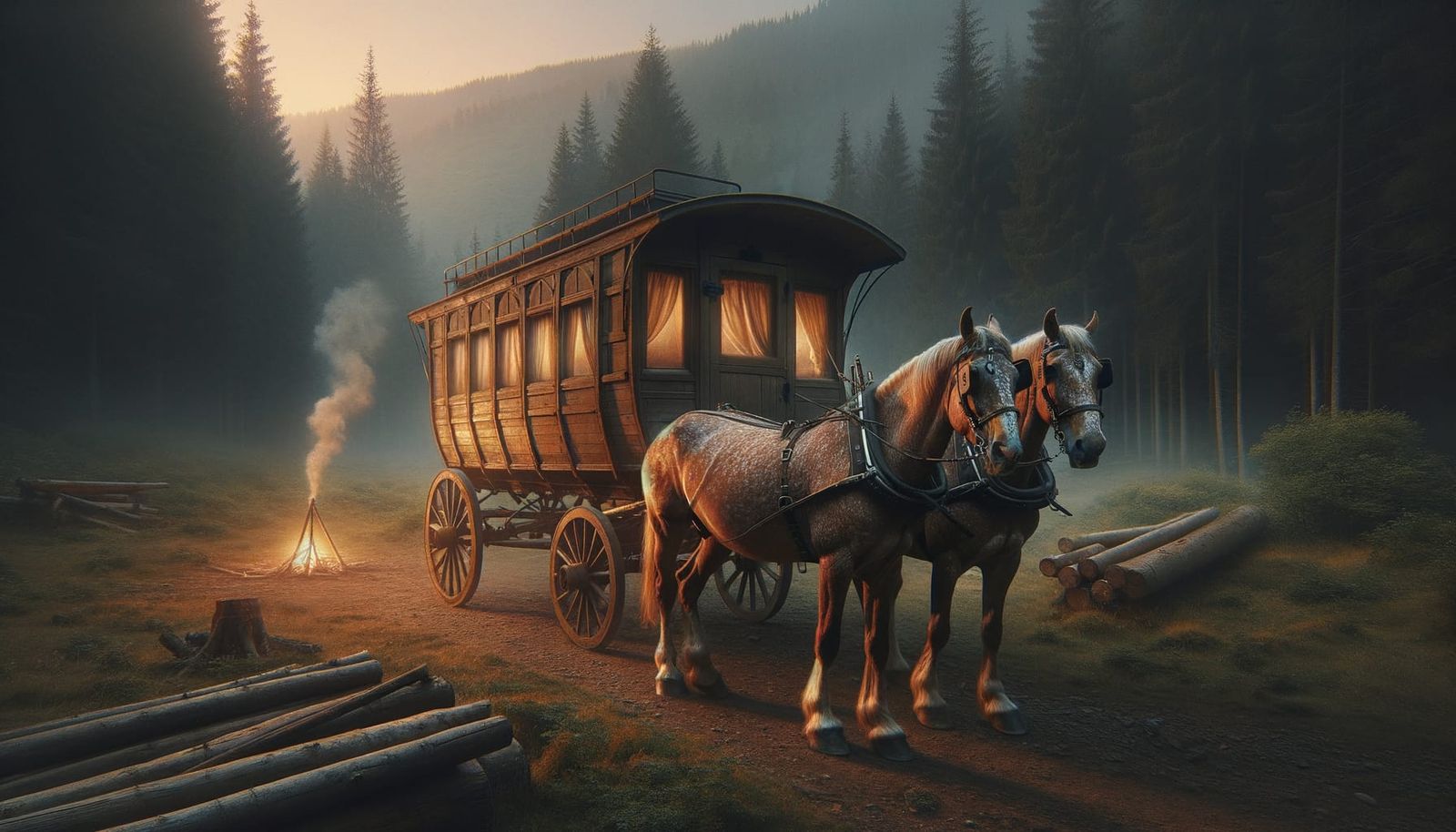 Dusk Forest: Earth-Tone Carriage Awaits Journey