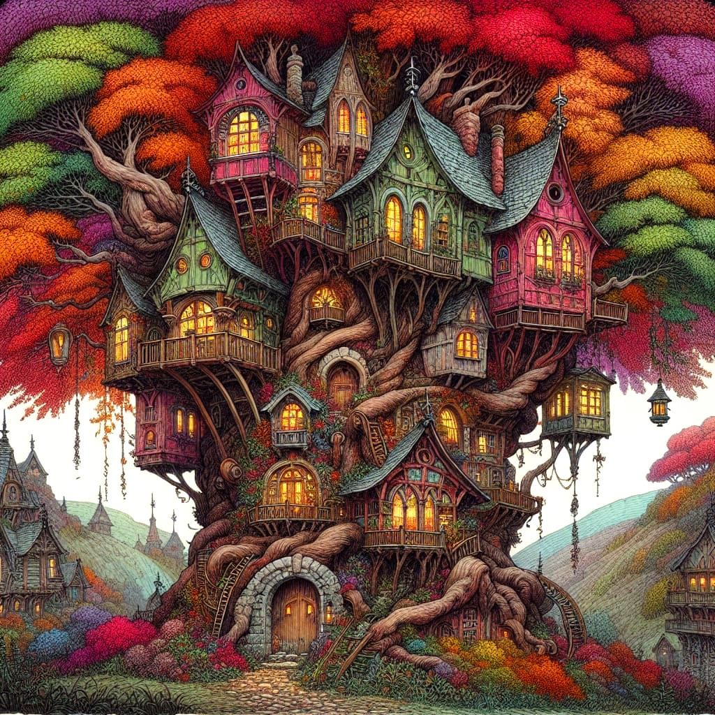 Whimsical Fantasy Treehouse in Vibrant Autumn Colors