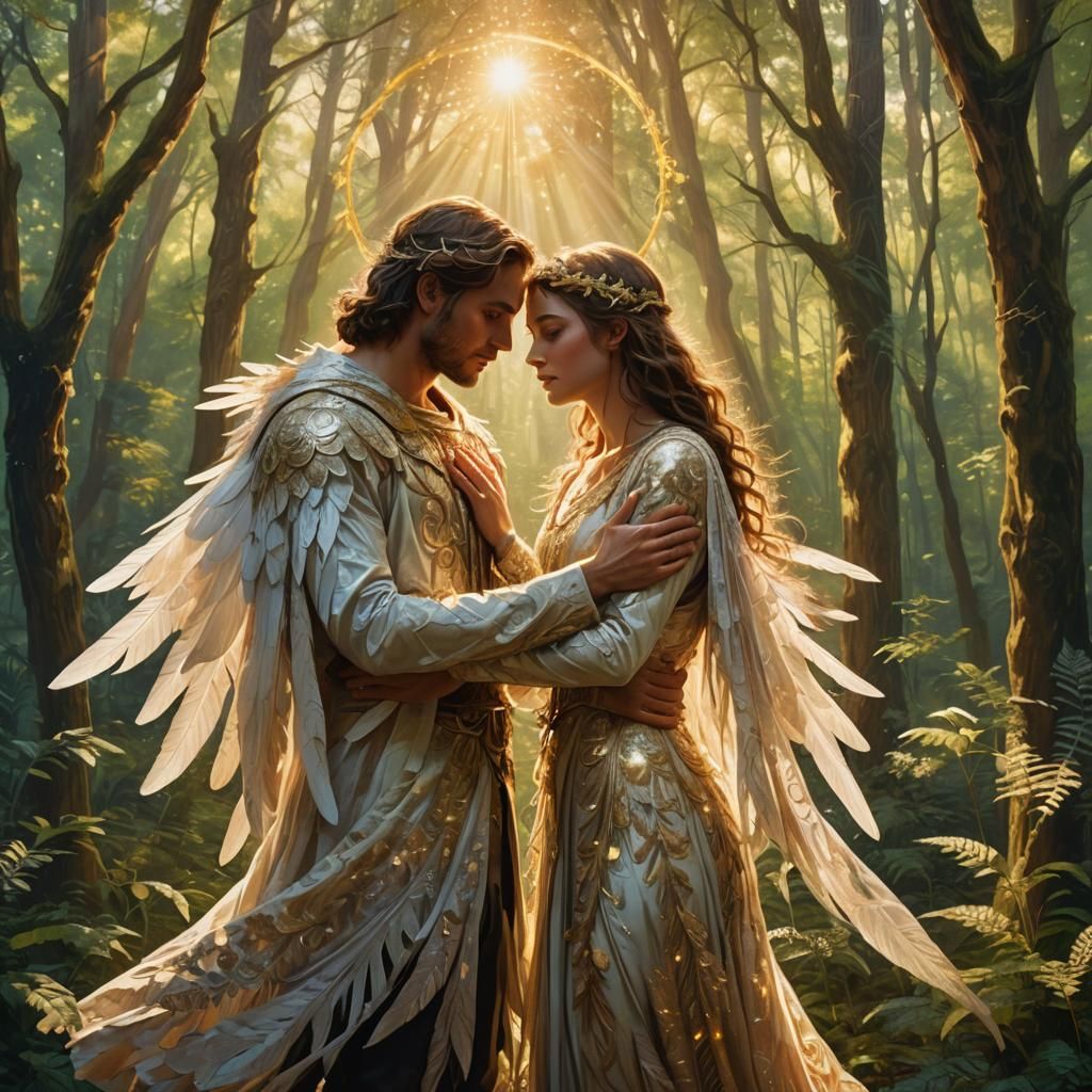 Ethereal Lovers in Dreamlike Forest: Fantasy Illustration