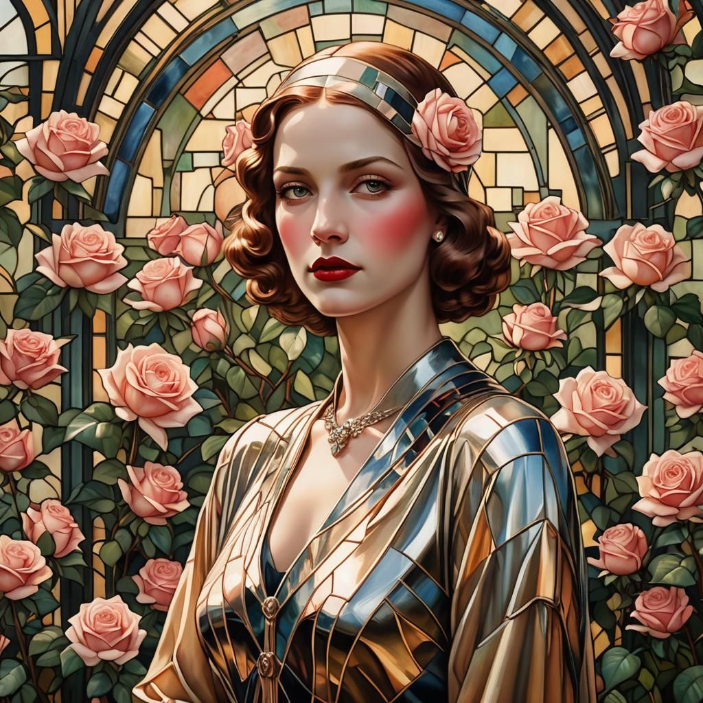 Woman in Rose Garden with Art Deco Stained Glass