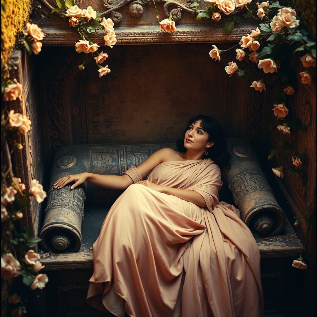 Elegant Woman in Ancient Stone Sarcophagus