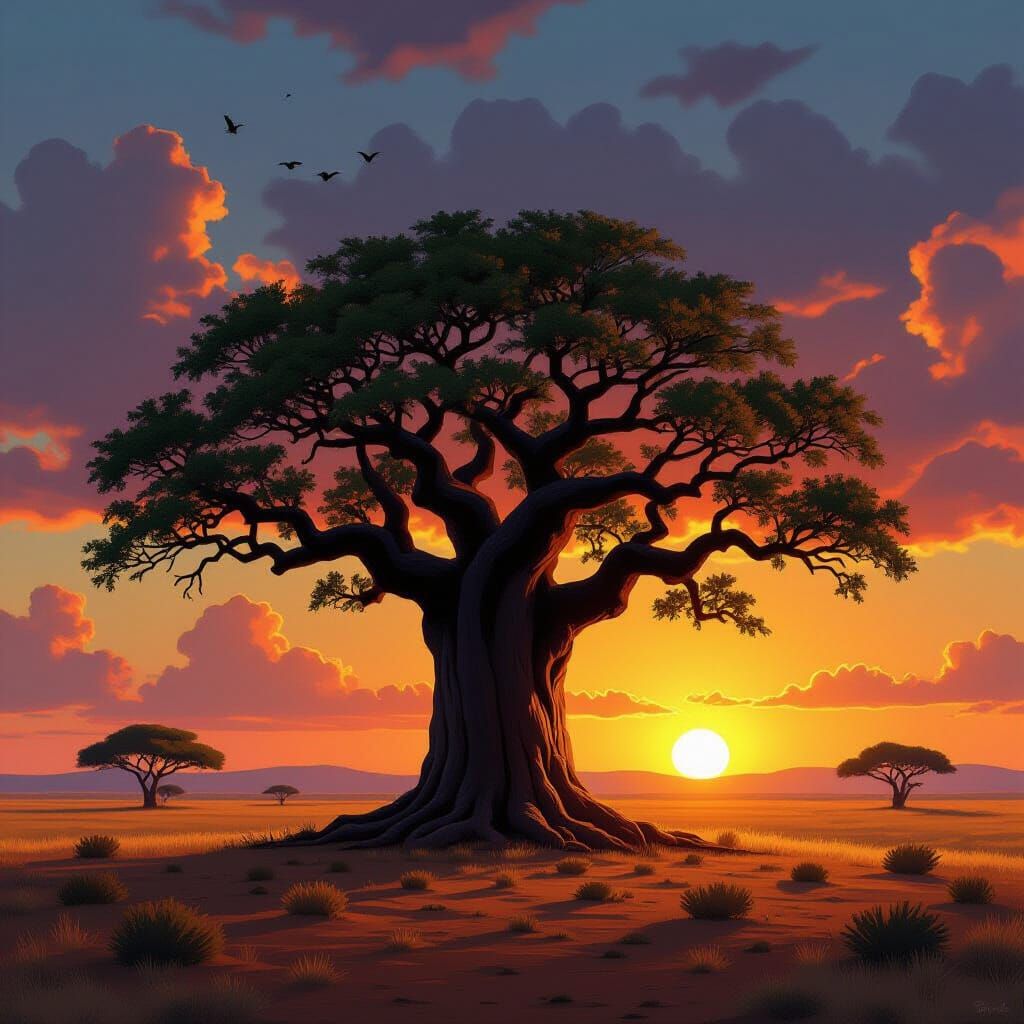 Majestic Baobab Tree at Sunrise in African Savanna
