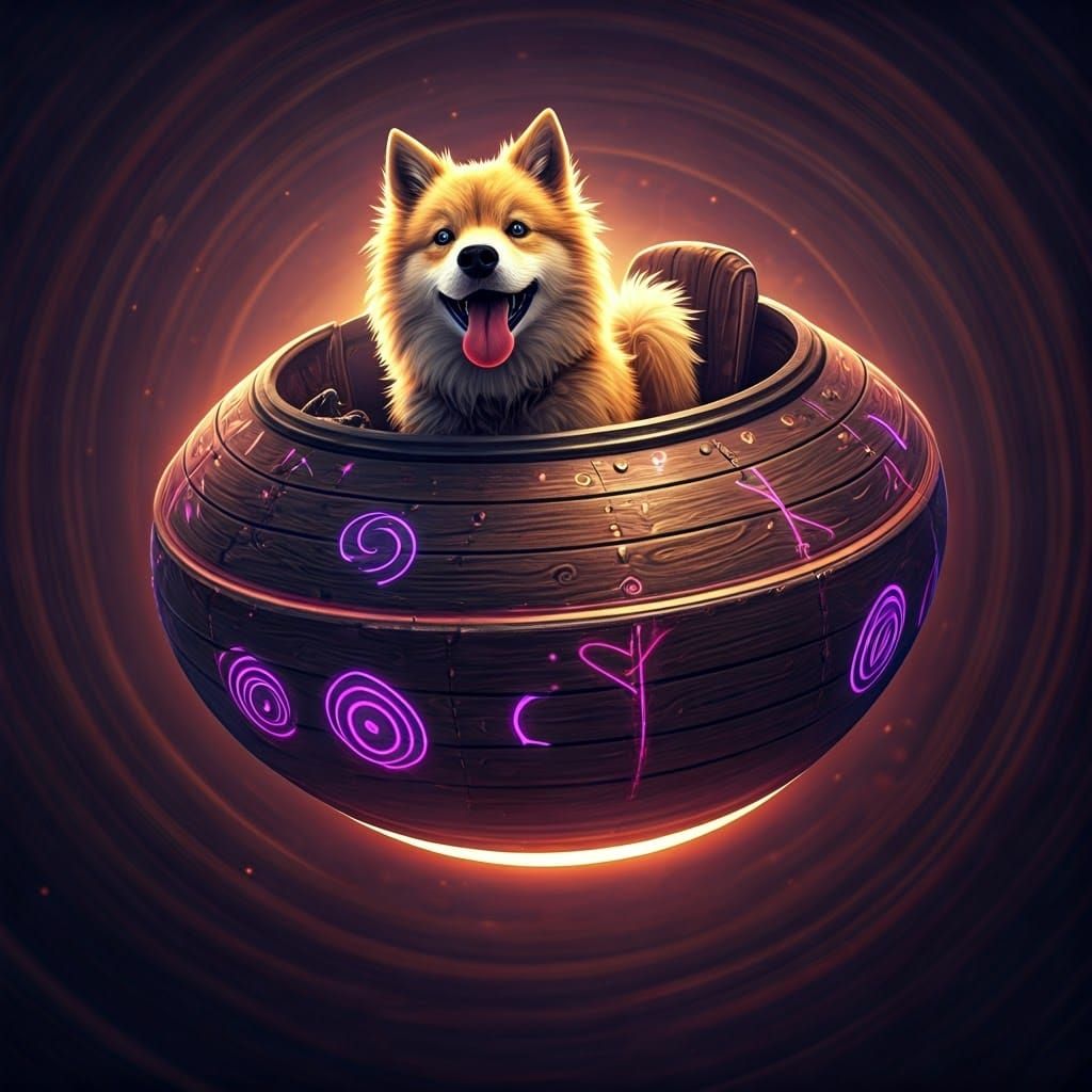 Dog Piloting Mystical Flying Saucer in Fantasy Sky