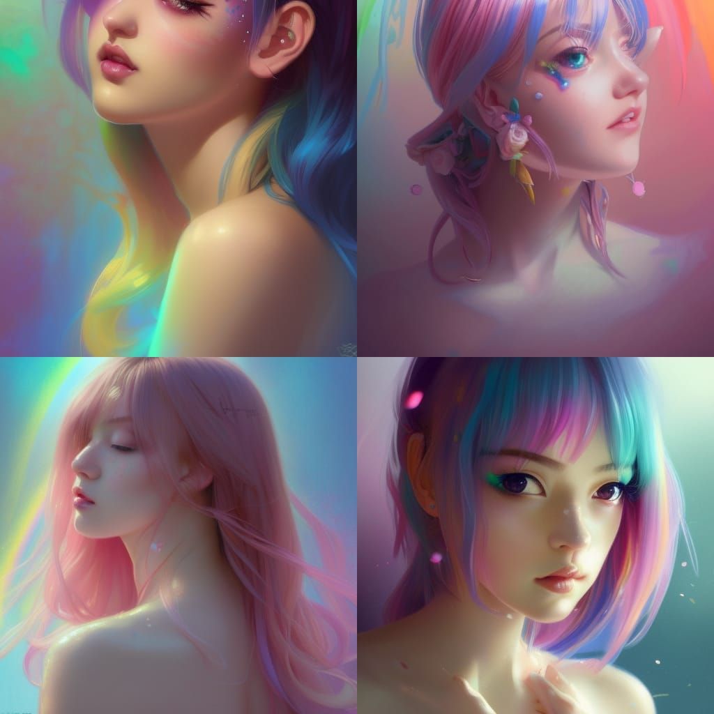 Rainbow Pastel E-Girl Portrait in Kawaii Style
