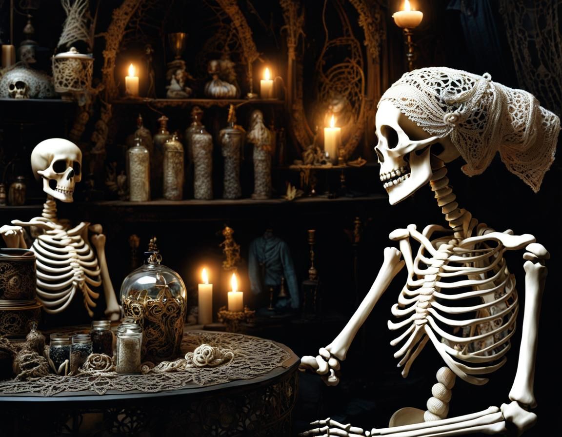 Lace Skeleton in Witch Shop, Dark Fantasy Art