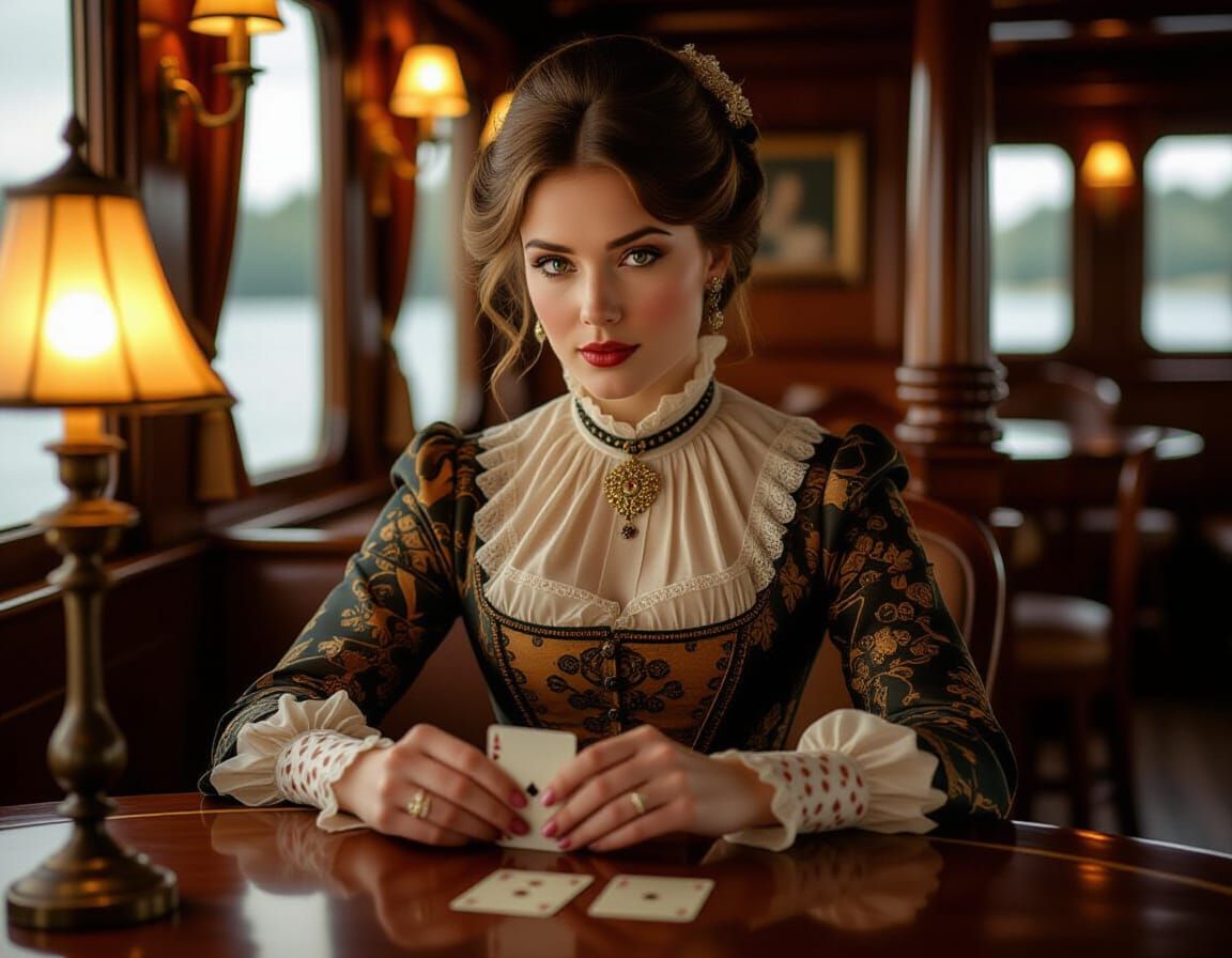 Woman in 1850s Dress Plays Cards on Steamboat