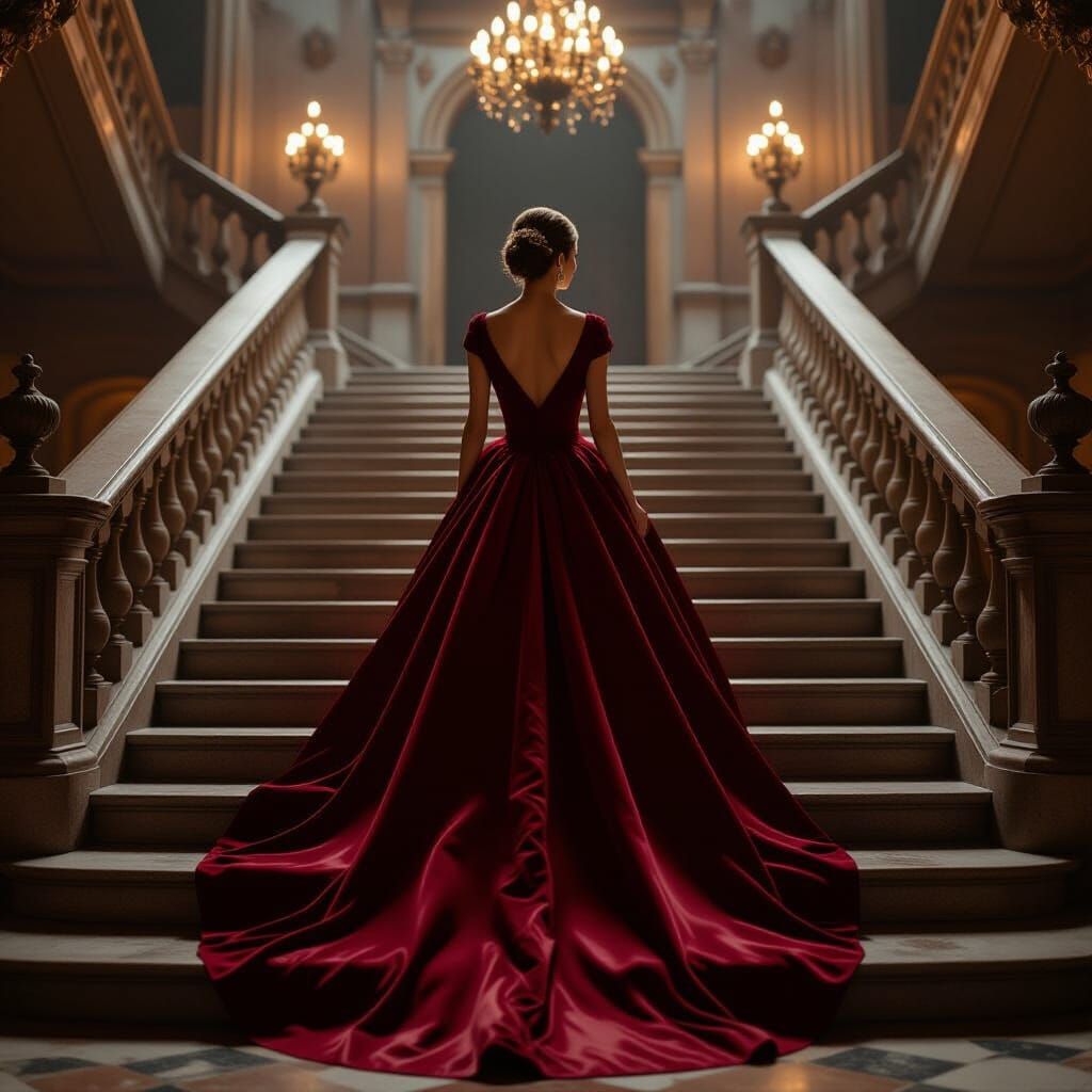 Regal Woman in Ruby Gown Ascending Palace Stairs