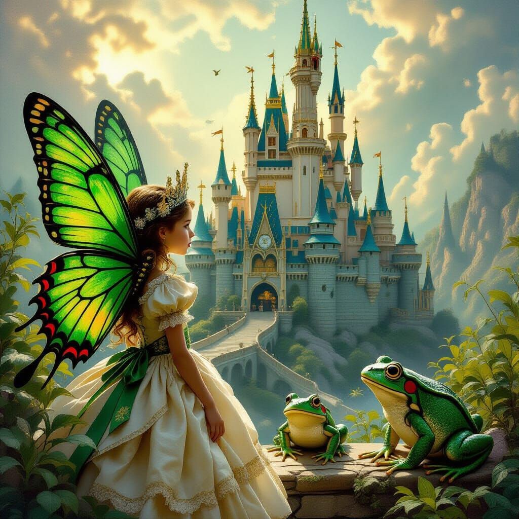 Girl Queen in Frog Realm, Pre-Raphaelite Style