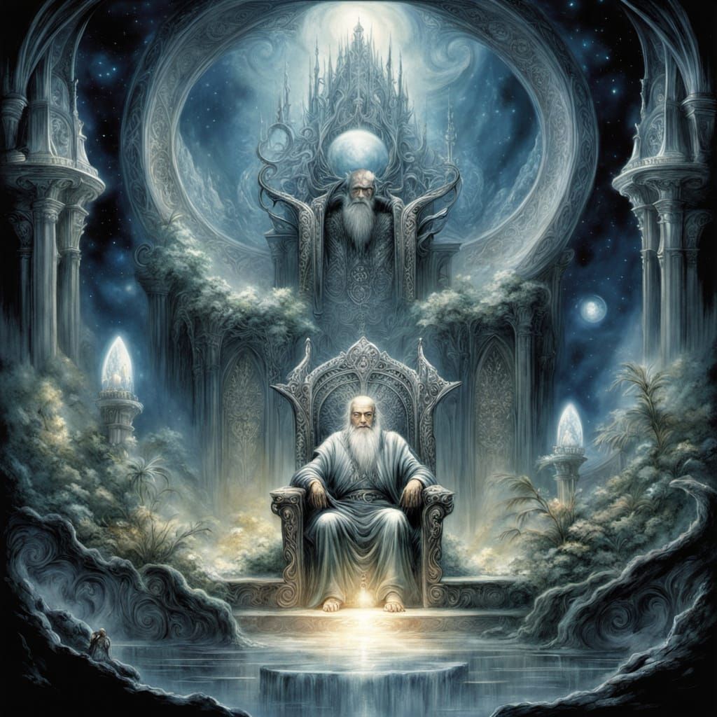 Wise Old Man on Crystal Throne in Cosmic Cavern