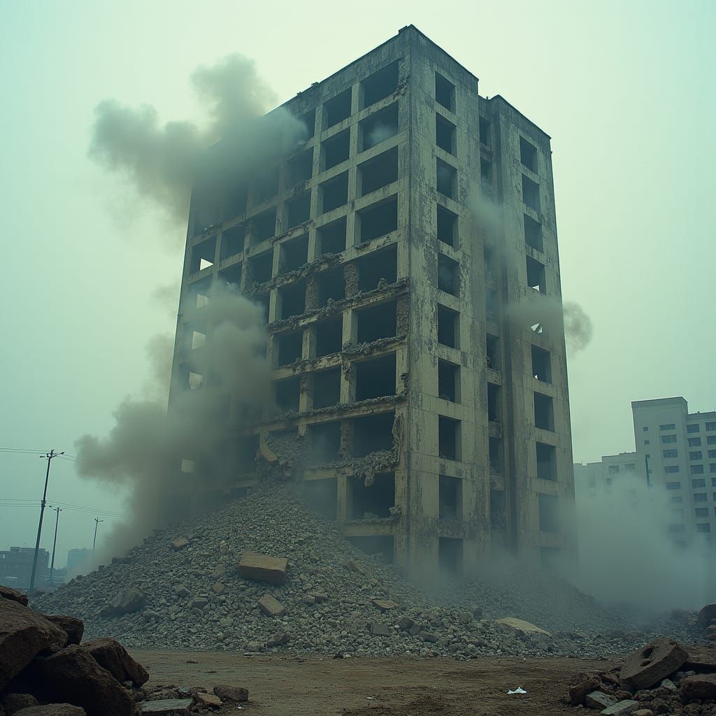 Catastrophic Building Collapse in Cinematic Film Still