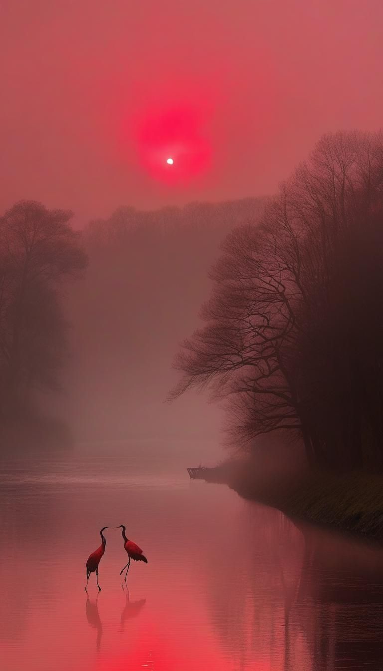 Red Crane in Misty Red Landscape