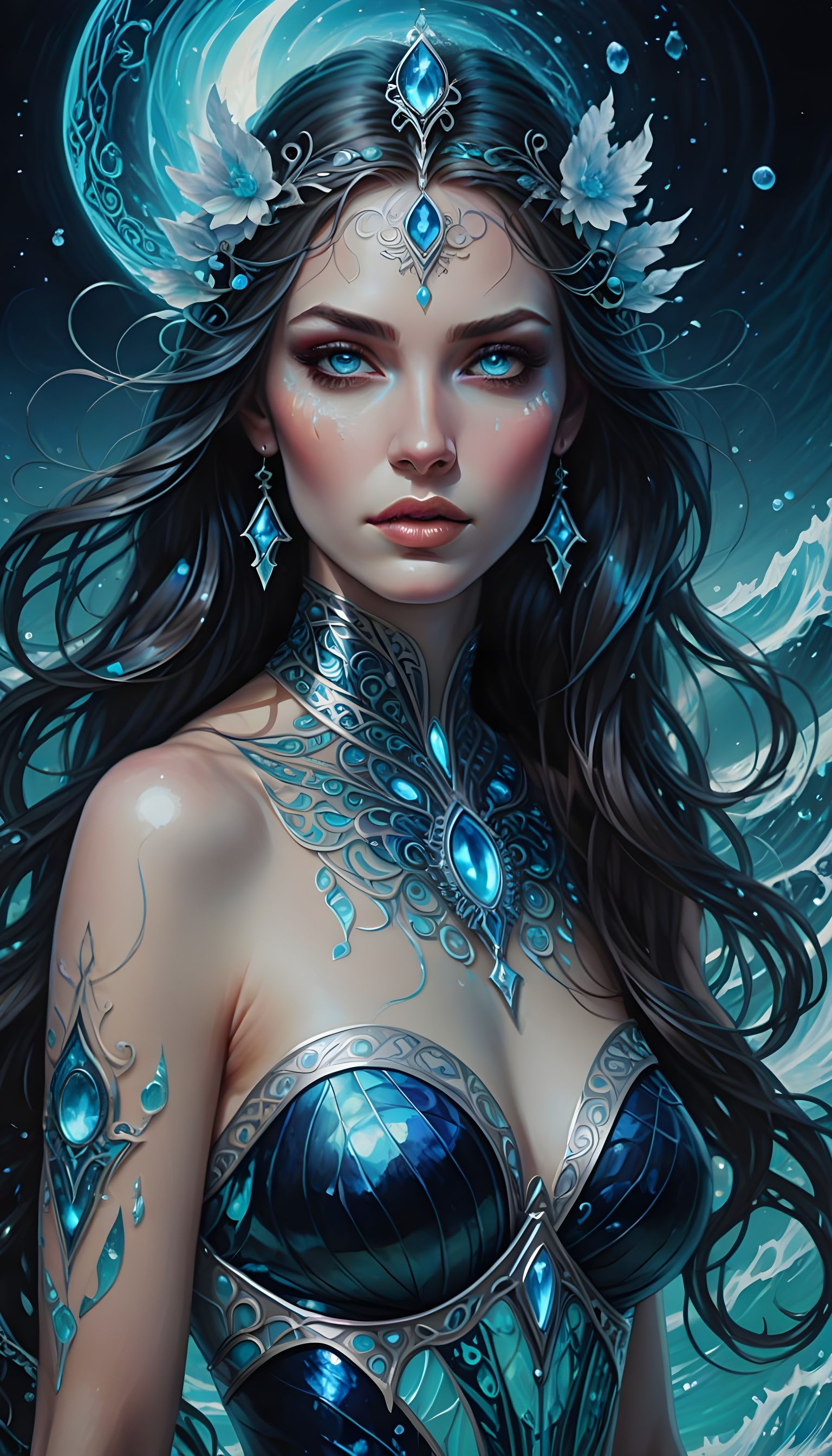 Ethereal Sea Priestess Emerging from Moonlit Waters