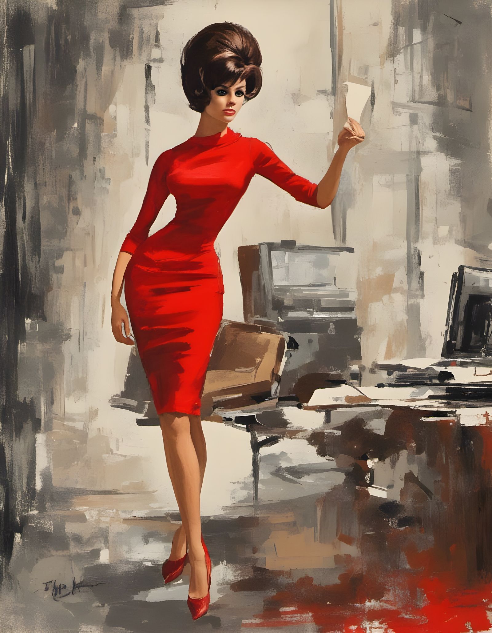 Romantic Portrait of Woman in Red Dress as Oil Painting