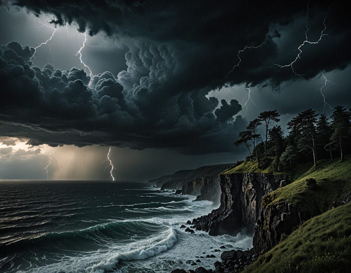 Dramatic Cliffside Figure in Turbulent Stormy Skies