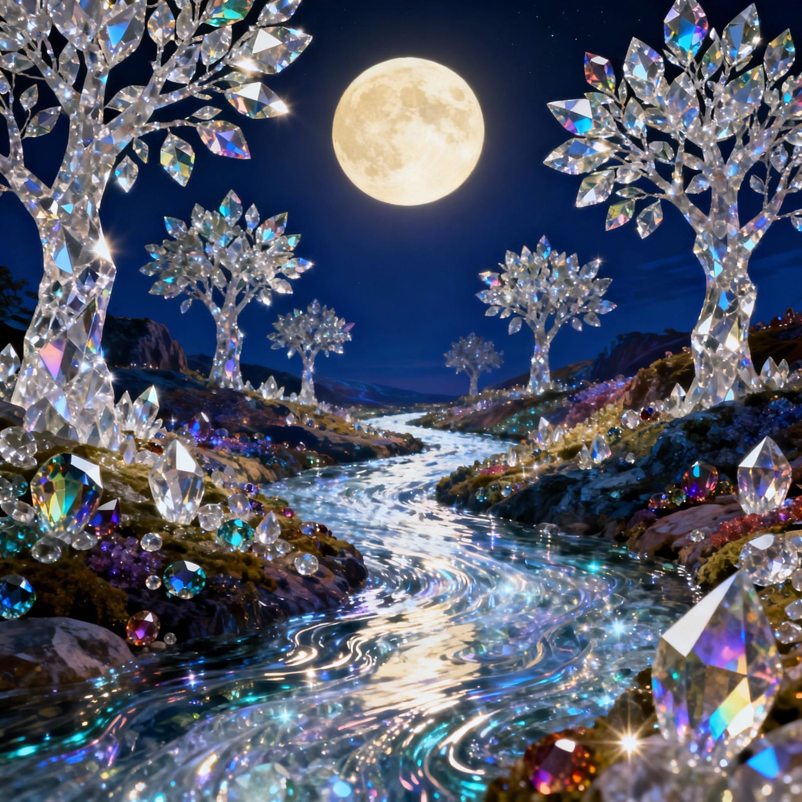 Crystal Stream Night Landscape with Luminous Moon
