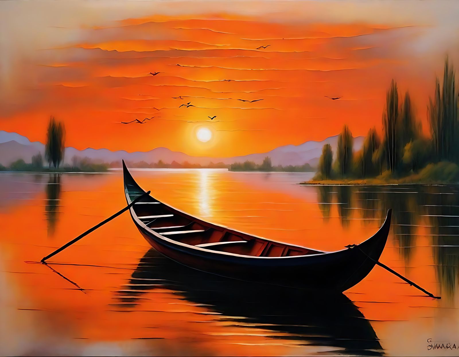 Picturesque Sunset Over Kashmir Lake, Oil Painting