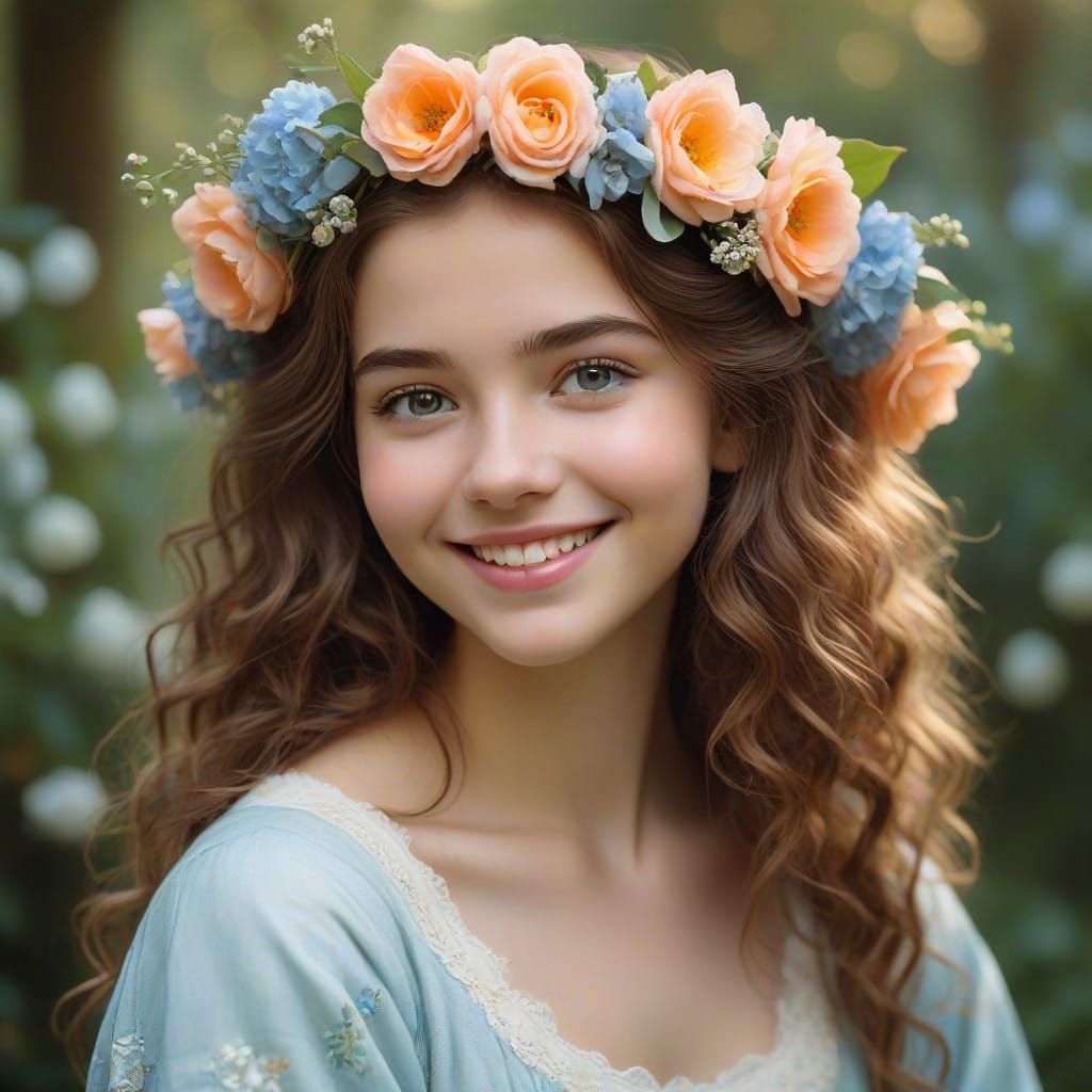 Whimsical Portrait of a Young Woman in a Floral Wreath