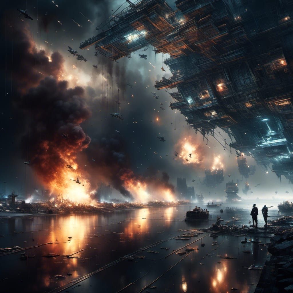 Dystopian Attack Ships Burning in Orion, Trashpunk Style