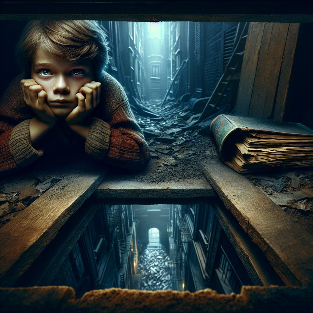 Intrigue: Child Gazing Through Hatch at Night