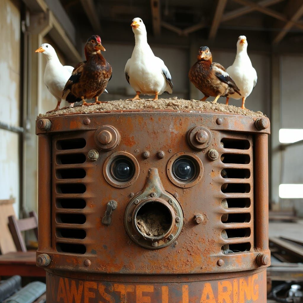 Industrial Machine Surprised by Unlikely Poultry Visitors