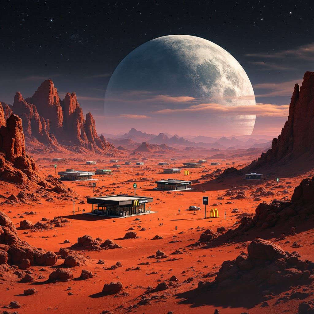 Surreal Barren Planet with Fast Food and Retail